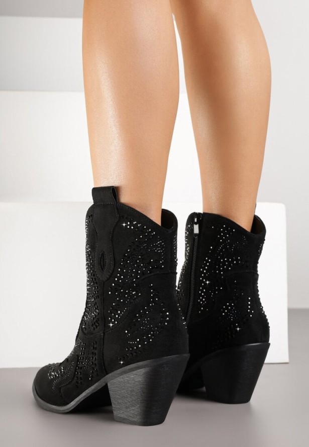 Czarne Botki Kowbojki na Stożkowym Obcasie z Cyrkoniami Tullane