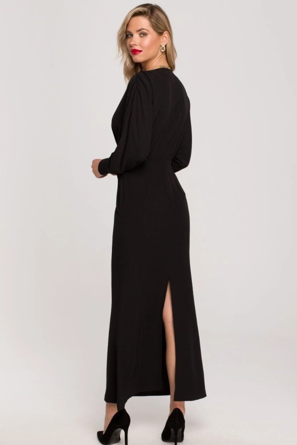 Długa wieczorowa sukienka rybka z bufiastymi rękawami czarna