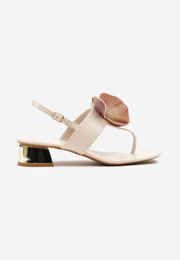 Beżowe Sandały w Stylu Japonek Vices na Niskim Słupku z Kwiatowym Zdobieniem Natrina
