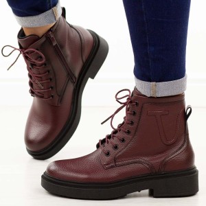 Bordowe skórzane botki damskie na traperze Sergio Leone Bt25248-S