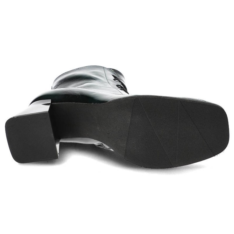 Botki damskie Clasicco, z lakierowanej skóry naturalnej z wysoką cholewką i sznurowaniem z przodu stabilny obcas o geometrycznym kształcie, zielone,