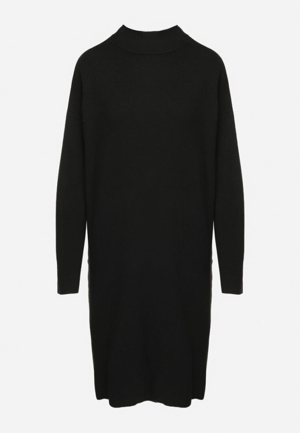 Czarna Sweterkowa Sukienka Półgolf z Bawełną i Wełną Pilara
