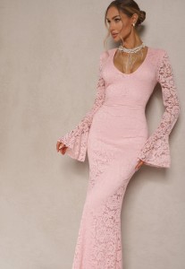 Ciemnoróżowa Dopasowana Sukienka Zdobiona Koronką z Rozszerzanym Dołem Hannalis