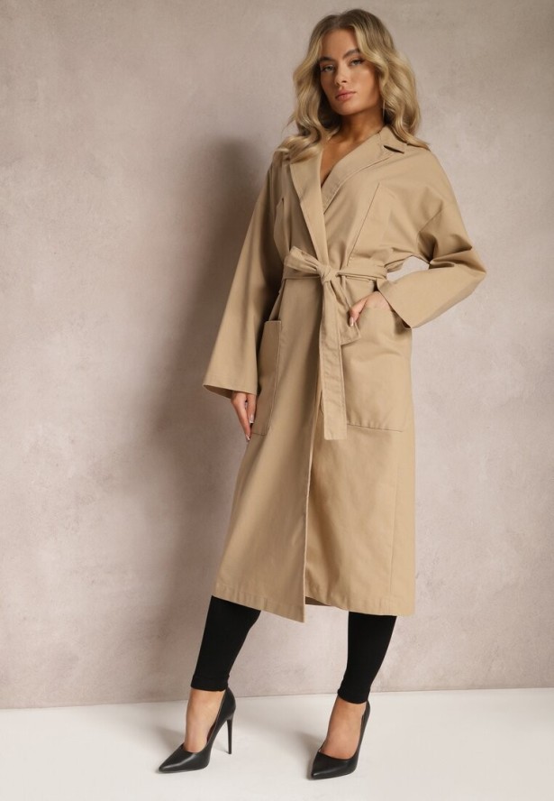 Beżowy Płaszcz z Wiązanym Paskiem Oversize Terethia