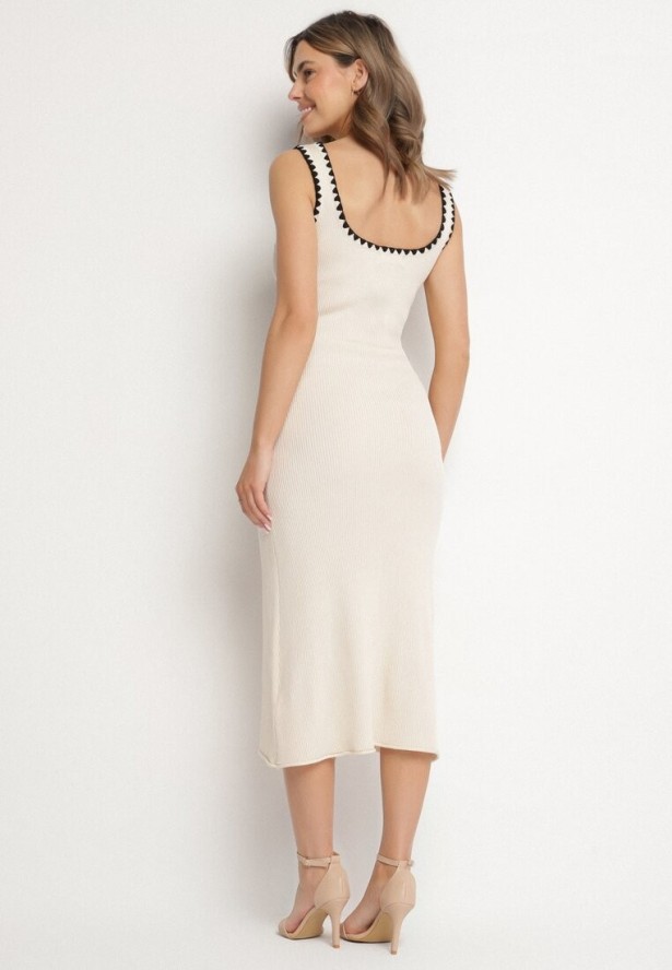 Beżowa Sukienka Dzianinowa o Taliowanym Kroju na Ramiączkach z Lamówką Zenlimi