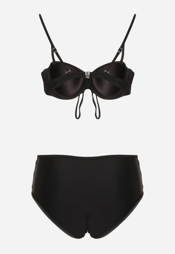 Czarne Bikini Biustonosz i Majtki Figi z Wysokim Stanem Zdobione Siateczką Kinetia