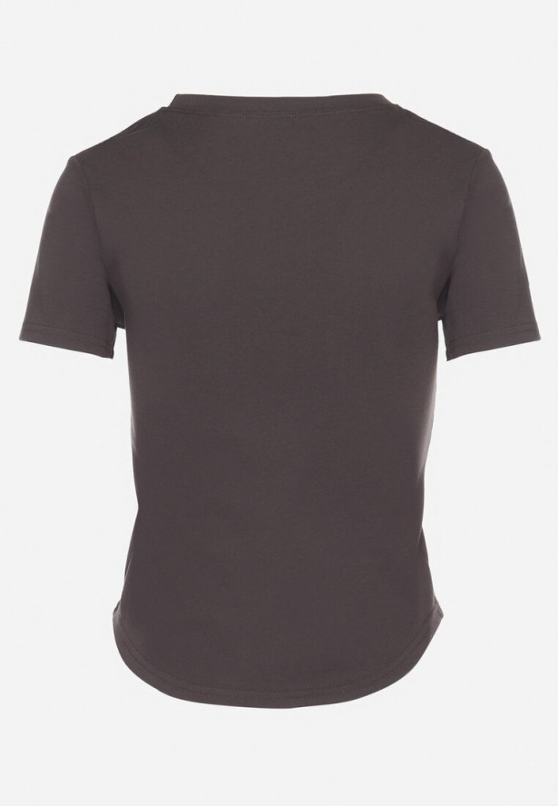 Ciemnoszary T-shirt z Bawełny z Nadrukiem Czapki i Cyrkoniami Penilna