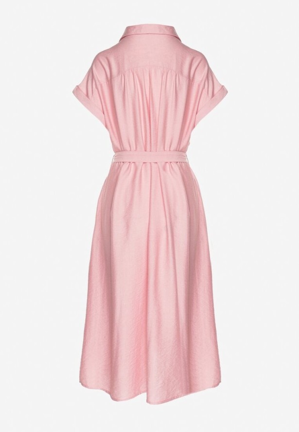 Różowa Wiskozowa Sukienka Koszulowa z Paskiem Rinaruna