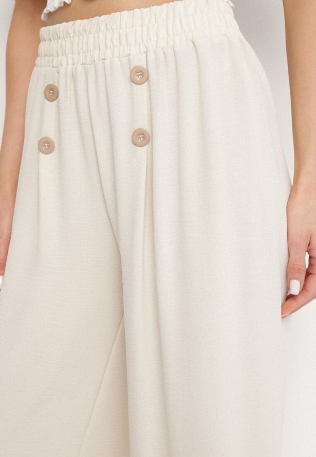 Jasnobeżowe Szerokie Spodnie z Bawełną Wysokim Stanem i Guzikami Avelritia