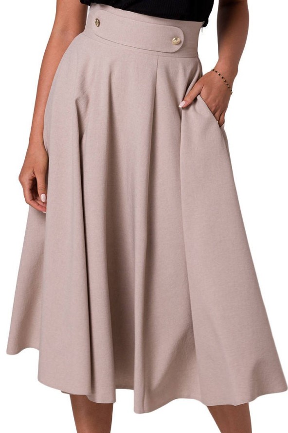 Rozkloszowana spódnica z wysokim stanem i kieszeniami beżowa