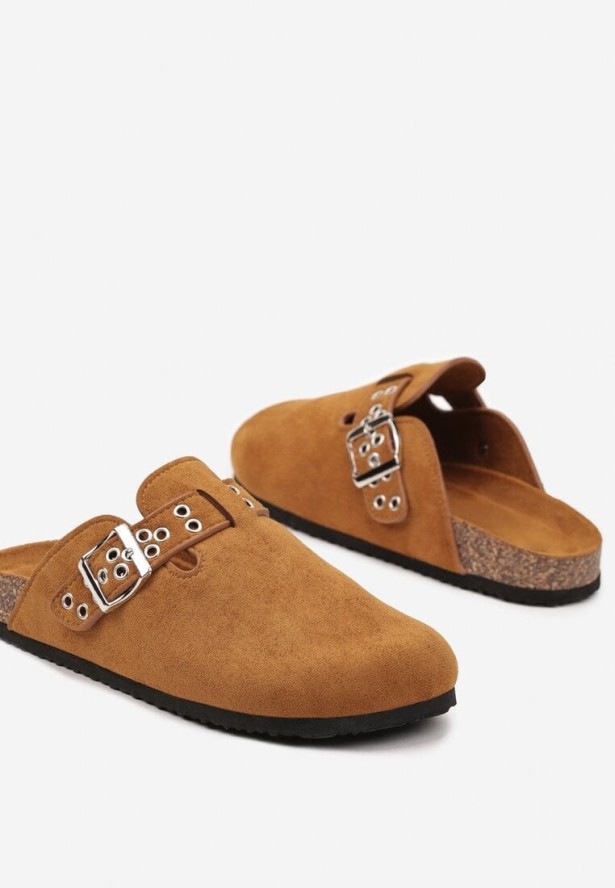 Brązowe Klapki w Typie Muli Chodaków ze Sprzączką Lanelita