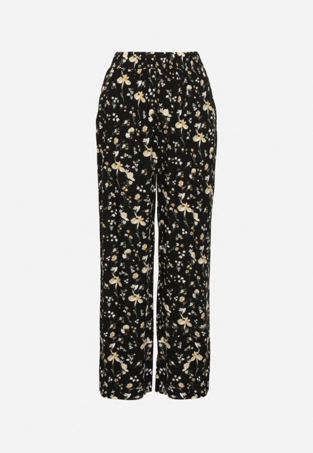 Czarne Spodnie z Wysokim Stanem w Kwiaty Borsedi