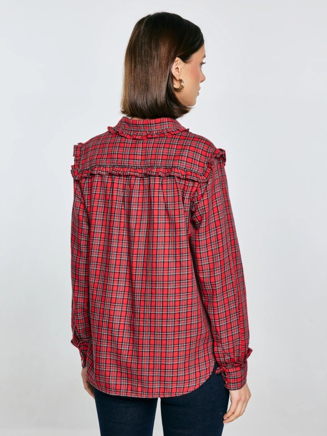 Koszula damska w kratę z ozdobnymi falbankami czerwona Frilo 000