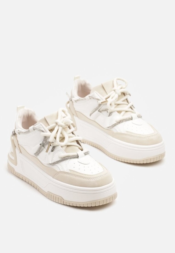 Biało-Beżowe Sneakersy na Platformie z Paskiem z Cyrkonii Aneolin