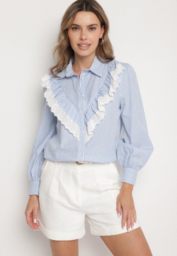 Niebieska Bawełniana Koszula w Paski z Ozdobnym Dekoltem z Falbanką Paleriella