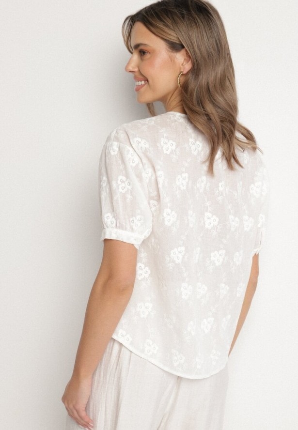 Biała Bawełniana Koszula o Krótkim Kroju z Krótkim Rękawem Zdobiona Haftem Zevaline
