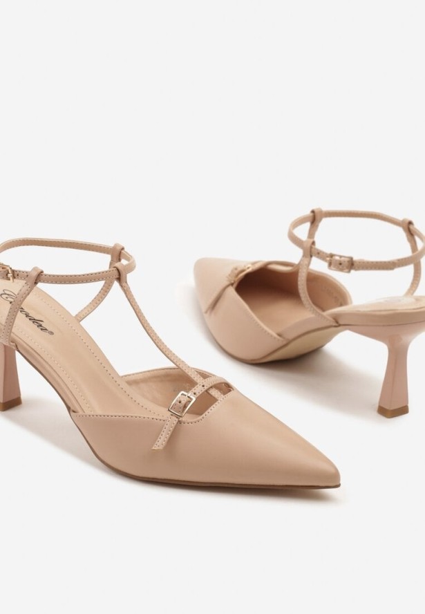 Beżowe Sandały Typu Slingback Ozdobione Paskiem Nilavin