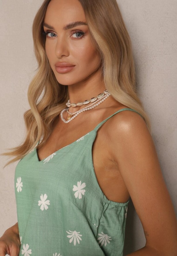 Miętowy Kwiatowy Komplet z Wiskozy Spodnie i Koszulka na Ramiączkach Beldisa