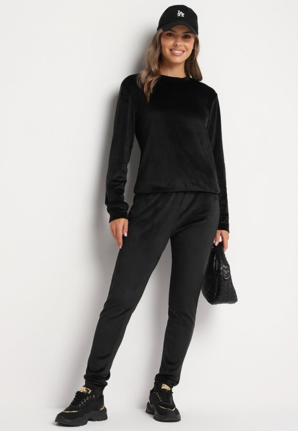 Czarny Komplet Dresowy z Dodatkiem Bawełny Bluzka i Spodnie z Gumką w Talii Evalora