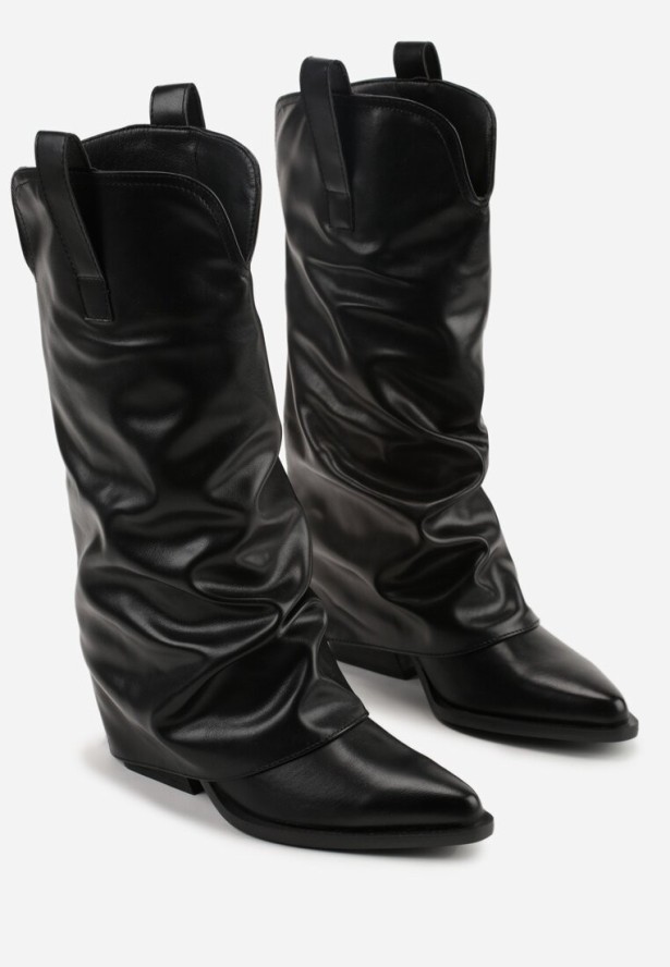 Czarne Kozaki Kowbojki na Stożku z Wywiniętą Marszczoną Cholewką Escana