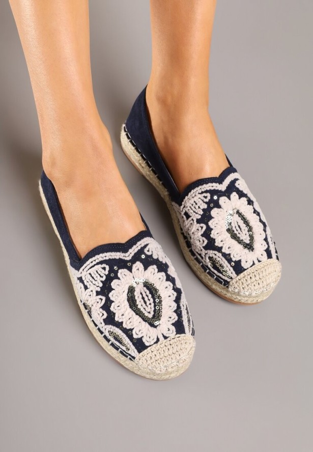 Granatowe Espadryle z Plecioną Podeszwą Cekinami i Haftem Merelitia