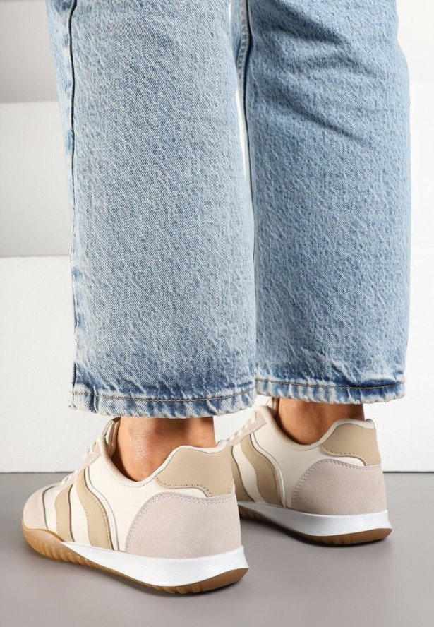 Beżowe Sneakersy Kultowe Tenisówki Zdobione Przeszyciami Welluria