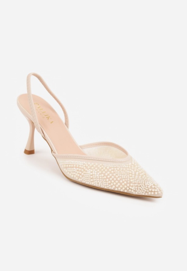 Beżowe Szpilki z Paskiem w Typie Slingback z Cholewką z Siateczki i Koralikami Carilriane