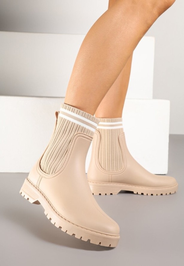 Beżowe Kalosze ze Skarpetkową Cholewką Lanisora