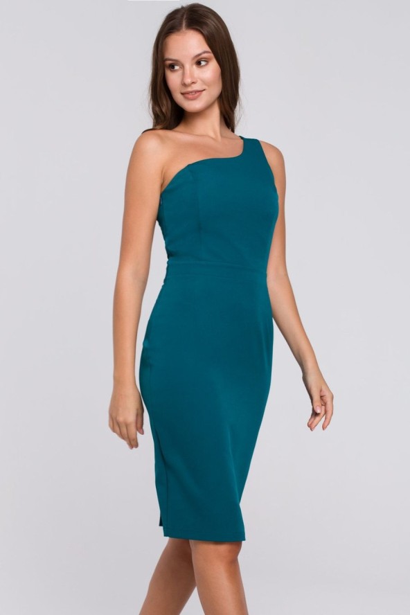 Elegancka sukienka na jedno ramię ołówkowa morska