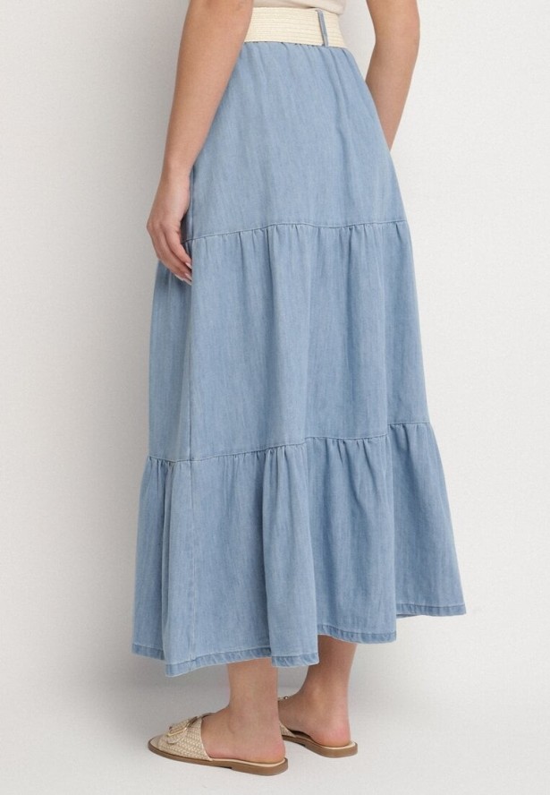 Niebieska Bawełniana Spódnica Jeansowa Rozkloszowana z Paskiem i Ozdobnymi Guzikami Natenelia