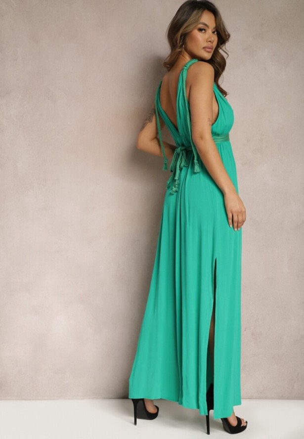 Zielony Kombinezon bez Rękawów z Gumką w Talii z Wiskozy i Lnu Nehir