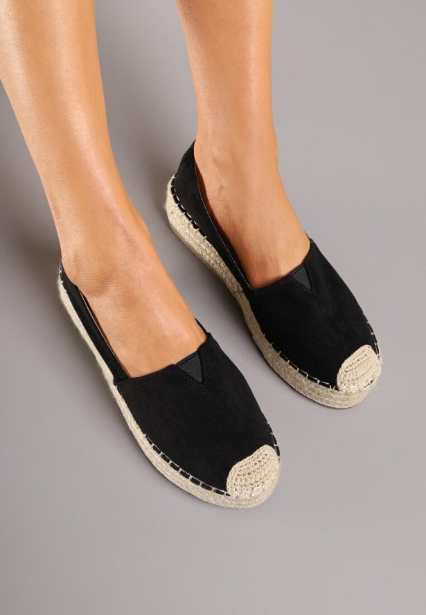 Czarne Espadryle na Plecionej Podeszwie z Ozdobnymi Noskami Litherise