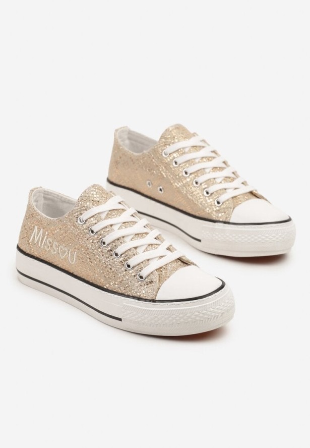 Złote Wężowe Trampki pod Kostkę Ozdobione Napisem i Brokatem Terlevia