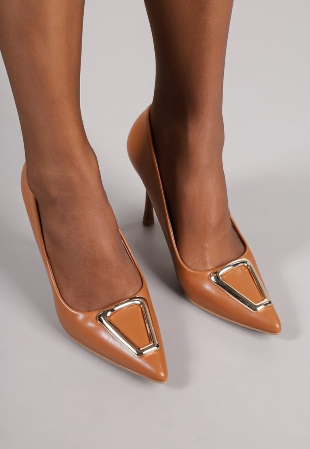 Brązowe Szpilki Vices z Wkładką ze Skóry Naturalnej Ozdobione Klamrą Miava