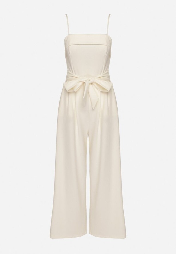 Jasnobeżowy Kombinezon Ozdobiony Paskiem z Szerokimi Nogawkami Deolise