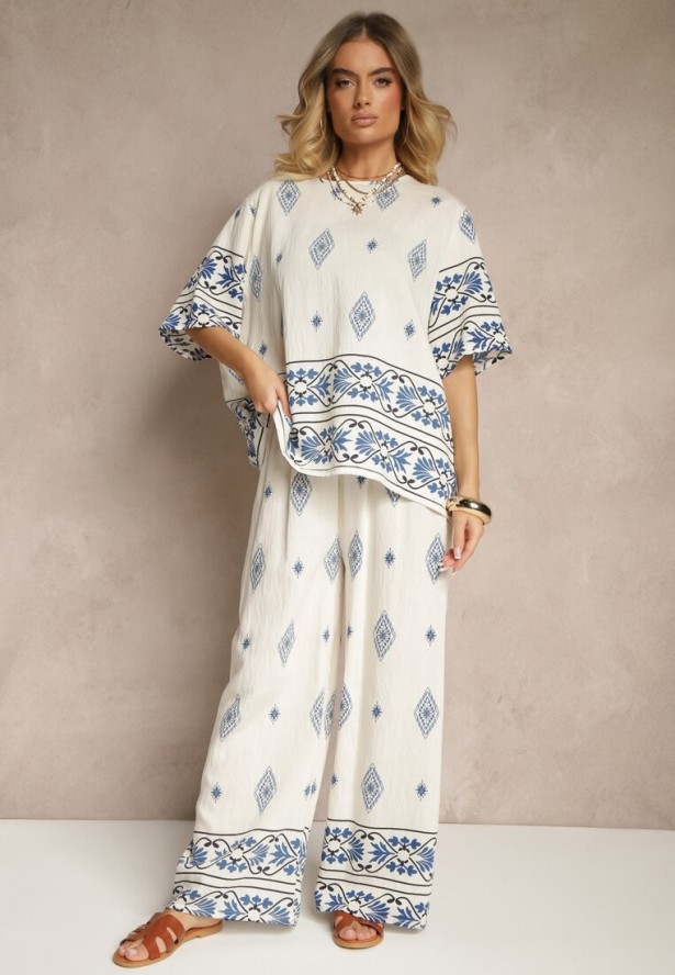 Beżowo-Niebieski Komplet z Wiskozy w Etniczny Wzór Szerokie Spodnie i T-shirt Sarivianne