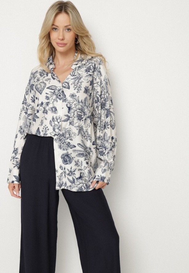 Granatowy Komplet Wiskozowy z Koszulą w Kwiaty i Szerokimi Spodniami Hanalore