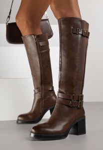 Brązowe Kozaki na Słupku Zdobione Paskami z Klamrami i Elastyczną Wstawką Unelisa