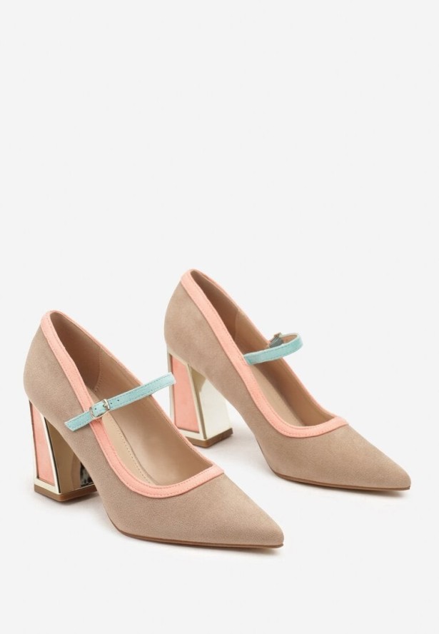 Ciemnobeżowe Czółenka na Słupku z Metaliczną Wstawką i Paskiem Linnelea