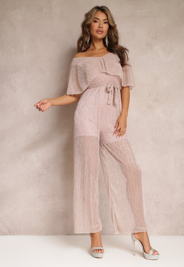 Różowy Kombinezon z Szerokimi Nogawkami i Ozdobną Narzutką Phedia