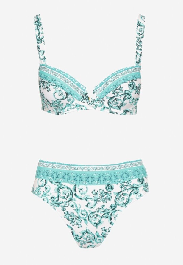 Jasnozielone Bikini w Ornamentalny Wzór Biustonosz i Majtki Figi Mirazia