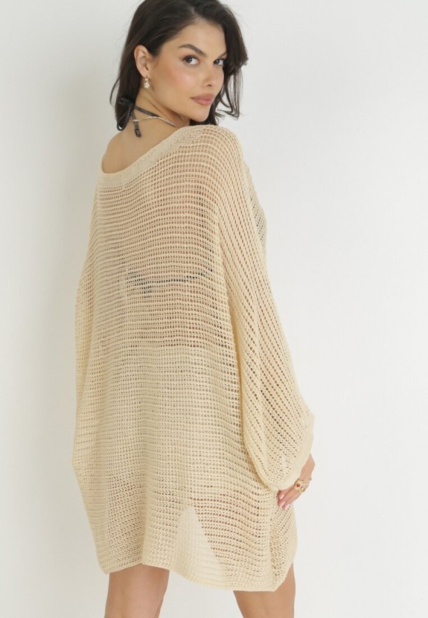 Beżowa Dzianinowa Narzutka Tunika Szydełkowa Waylee