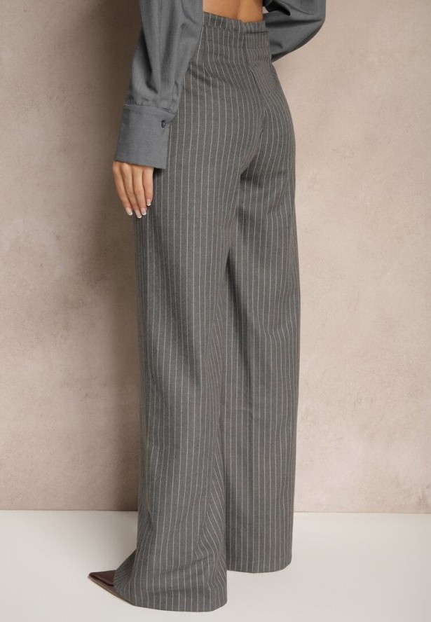 Szare Spodnie z Wiskozą w Garniturowym Stylu z Kieszeniami i Wiązaniem Seviara