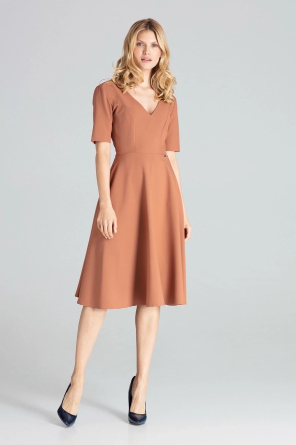 Rozkloszowana sukienka midi z dekoltem V brązowa