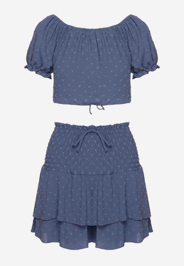 Niebieski Komplet z Tłoczonej Tkaniny Spódnico-Szorty i Bluzka Hiszpanka Sariloria