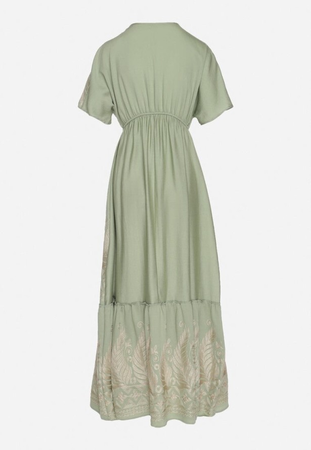 Zielona Kopertowa Sukienka z Wiskozy Zdobiona Frędzlami i Metalicznym Haftem Redeirae