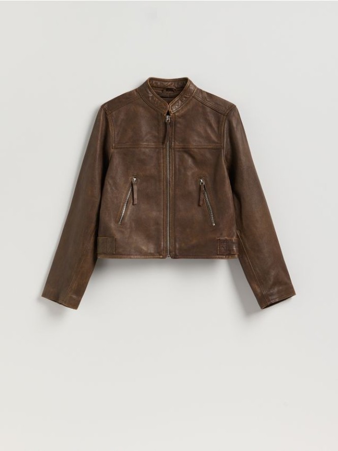 Skórzana kurtka ze stójką - brązowy