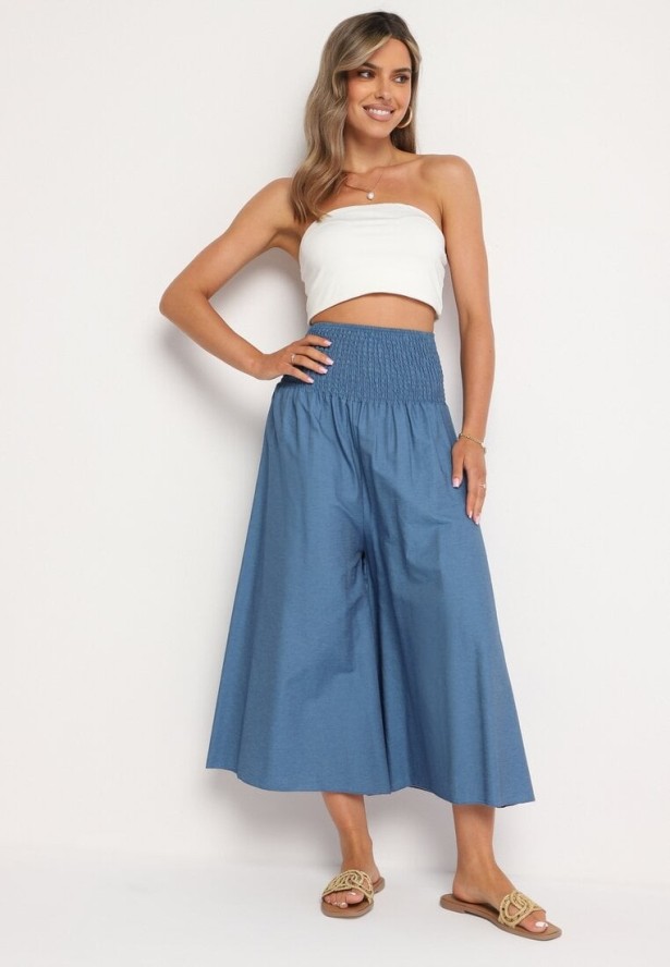 Jasnoniebieskie Bawełniane Szerokie Spodnie Kuloty z Wysokim Stanem i Gumką w Pasie Rafea