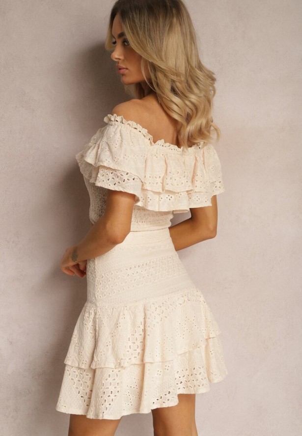 Beżowy 2-częściowy Komplet Top Hiszpanka i Spódnica z Haftowanej Tkaniny Tamimas