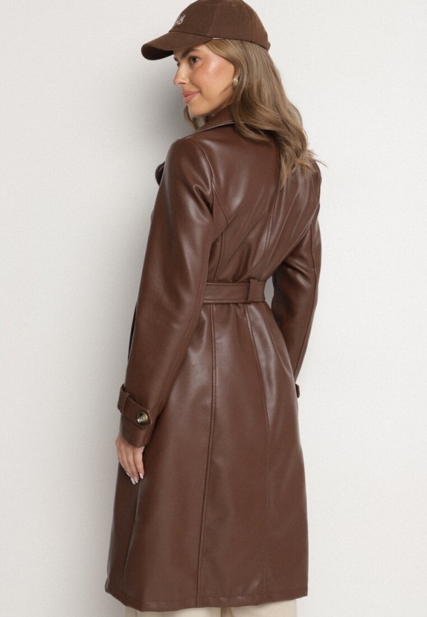 Brązowy Dwurzędowy Płaszcz Trencz z Imitacji Skóry z Wiązanym Paskiem Nilovessa